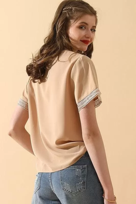 V NECK LACE POINT SHORT SLEEVE BLOUSE TOP