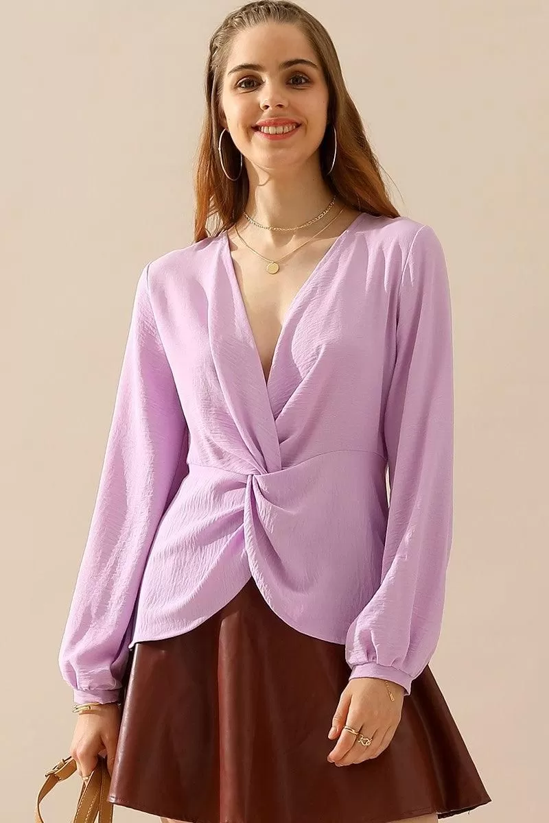 V NECK LONG SLEEVE Z TWIST RUFFLE BLOUSE TOP