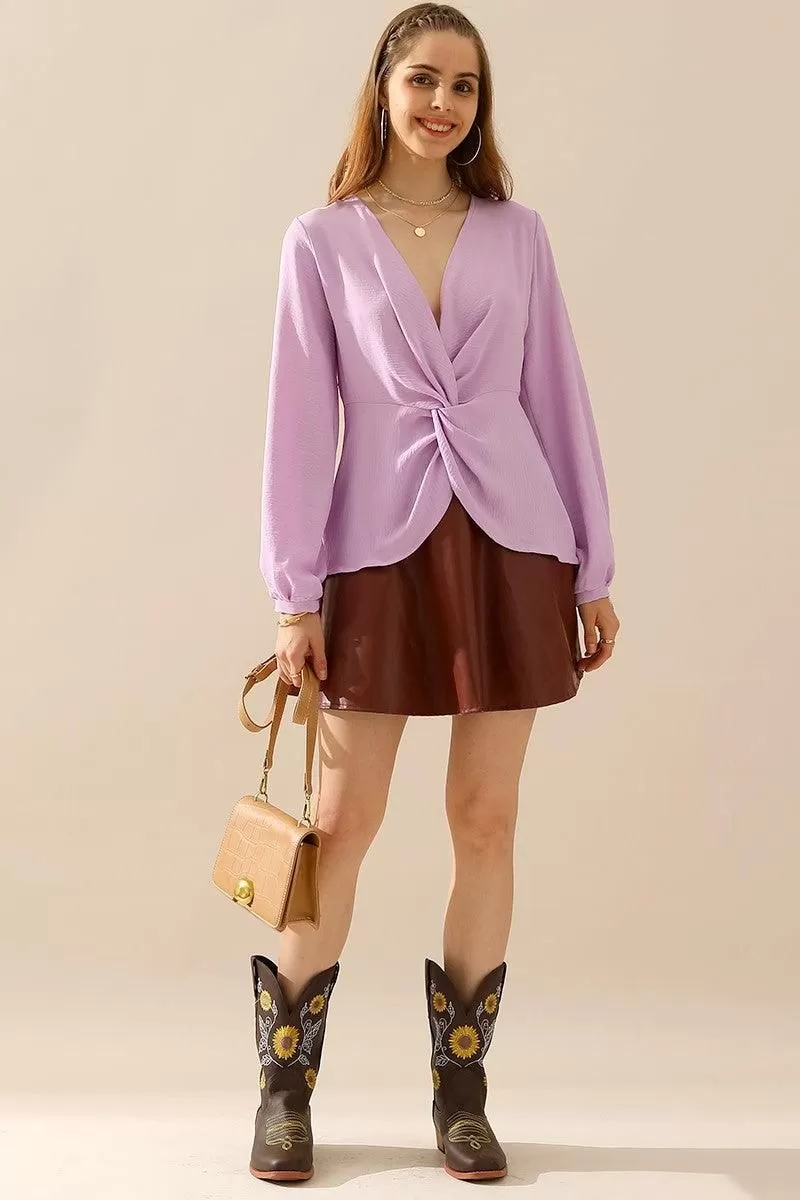 V NECK LONG SLEEVE Z TWIST RUFFLE BLOUSE TOP