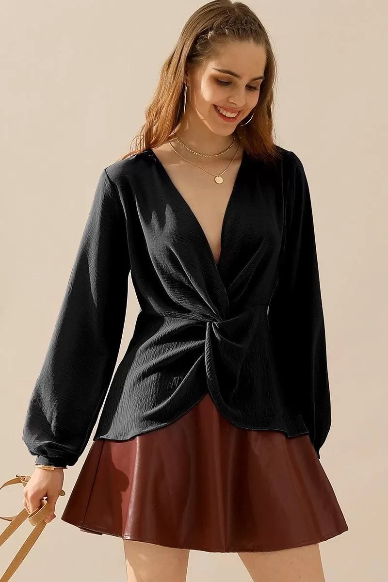 V NECK LONG SLEEVE Z TWIST RUFFLE BLOUSE TOP