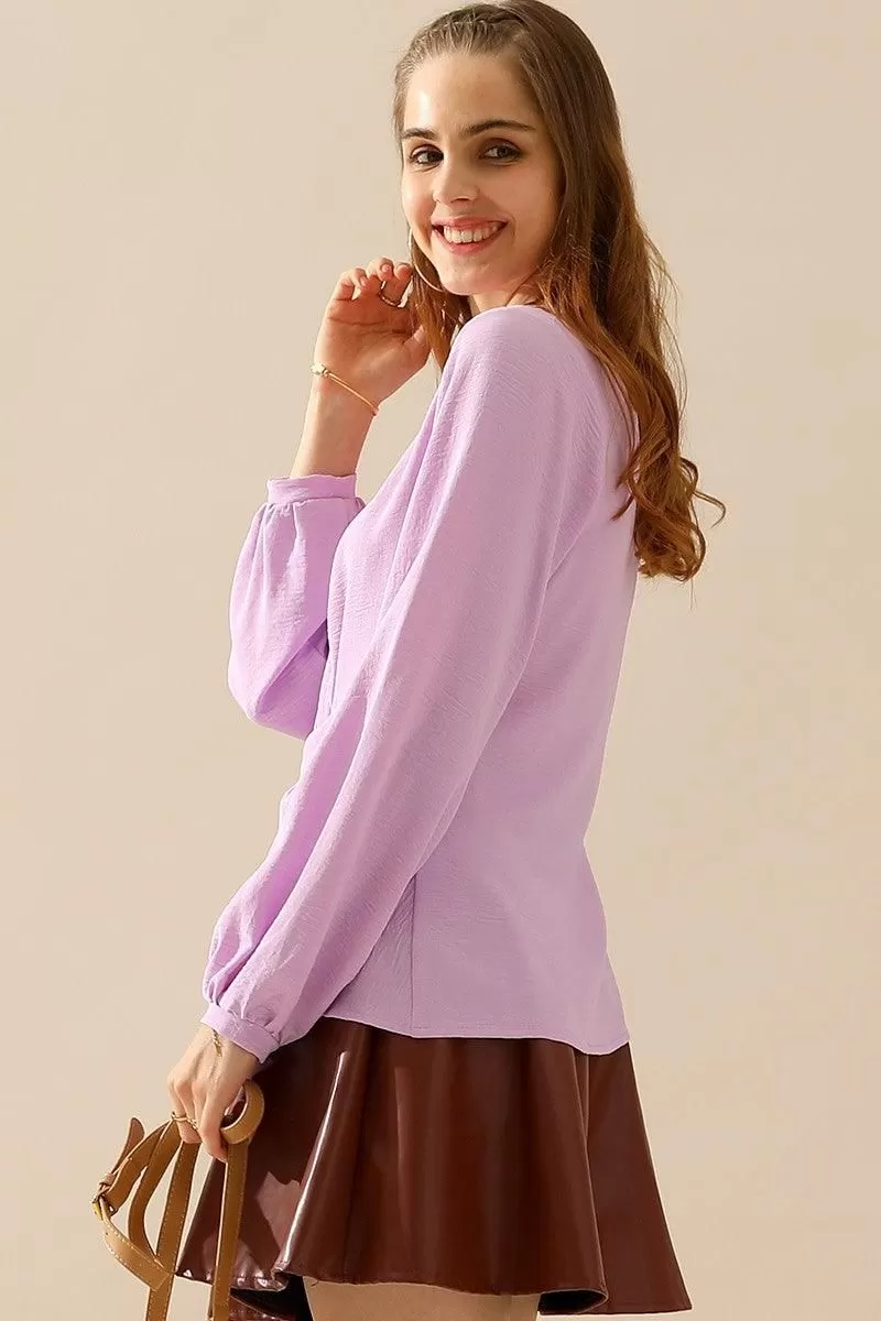 V NECK LONG SLEEVE Z TWIST RUFFLE BLOUSE TOP