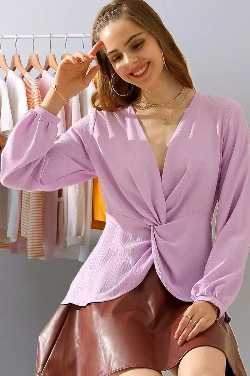 V NECK LONG SLEEVE Z TWIST RUFFLE BLOUSE TOP