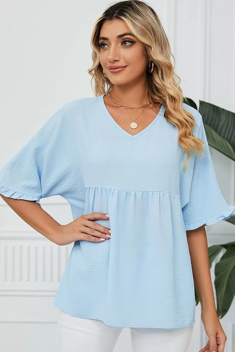 V NECK LOOSE CHIFFON RUFFLED TUNIC TOP