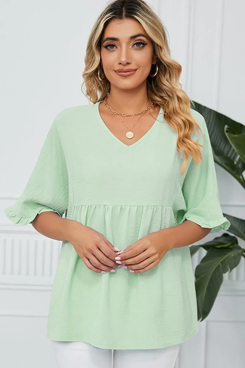 V NECK LOOSE CHIFFON RUFFLED TUNIC TOP