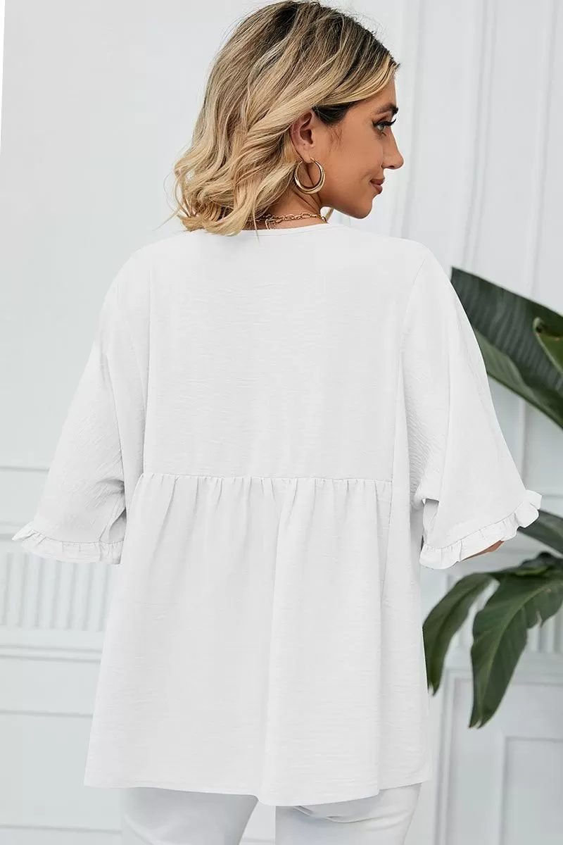 V NECK LOOSE CHIFFON RUFFLED TUNIC TOP