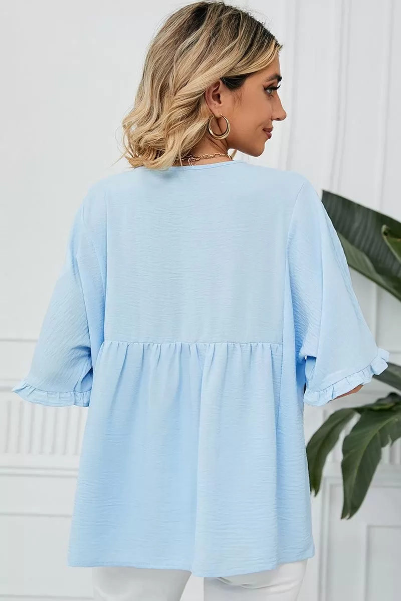 V NECK LOOSE CHIFFON RUFFLED TUNIC TOP