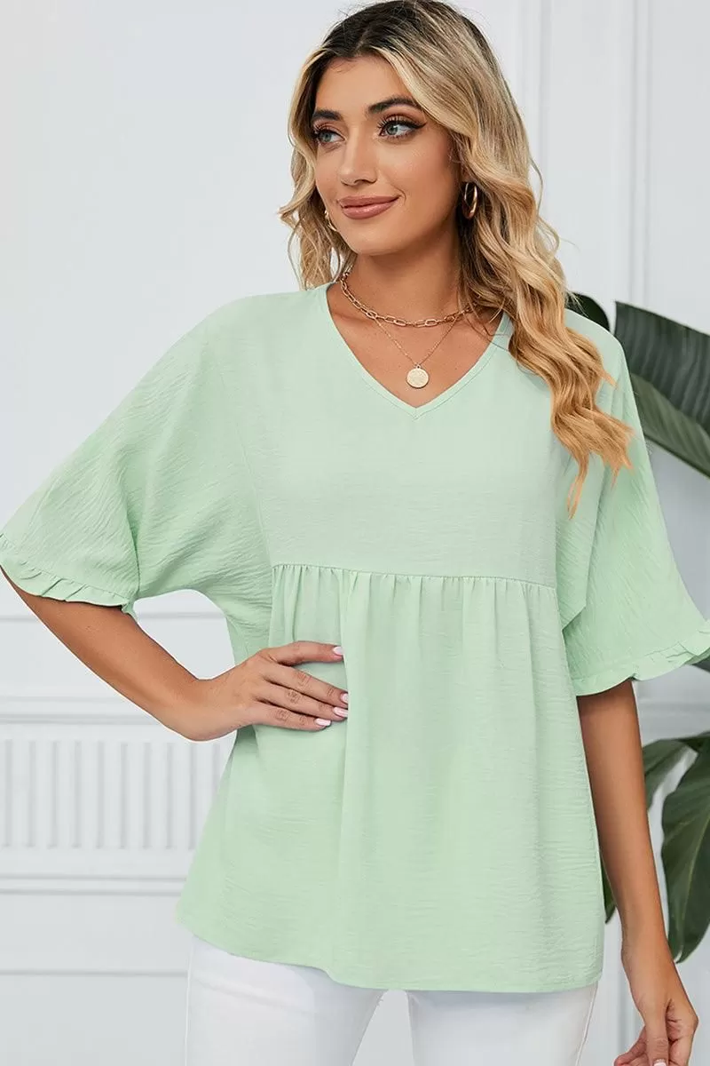 V NECK LOOSE CHIFFON RUFFLED TUNIC TOP