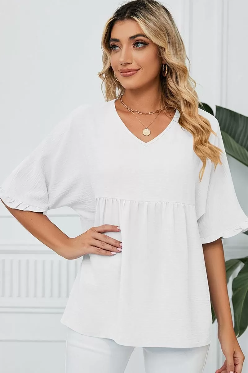 V NECK LOOSE CHIFFON RUFFLED TUNIC TOP