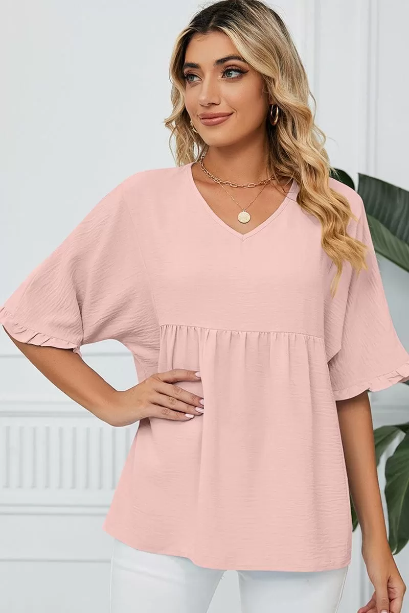 V NECK LOOSE CHIFFON RUFFLED TUNIC TOP