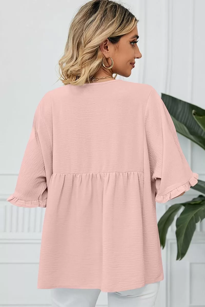 V NECK LOOSE CHIFFON RUFFLED TUNIC TOP