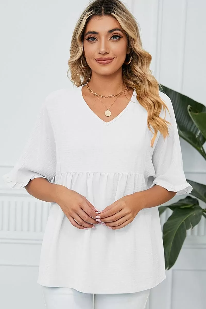 V NECK LOOSE CHIFFON RUFFLED TUNIC TOP