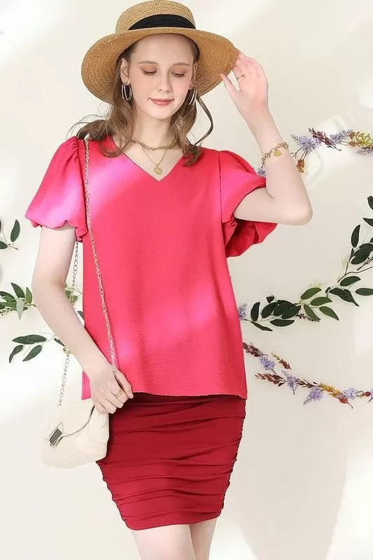 V NECK PUFF SHORT SLEEVE BLOUS FORMAL TUNIC TOP