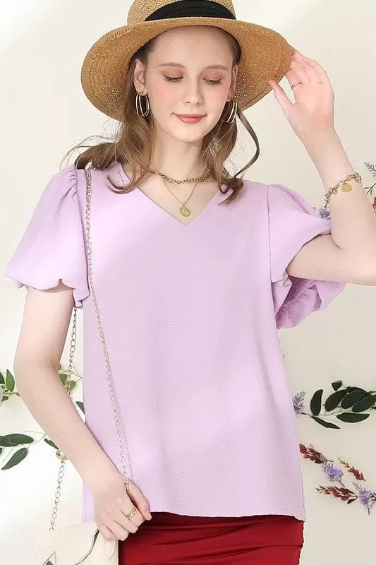 V NECK PUFF SHORT SLEEVE BLOUS FORMAL TUNIC TOP