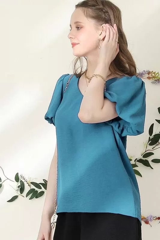 V NECK PUFF SHORT SLEEVE BLOUS FORMAL TUNIC TOP