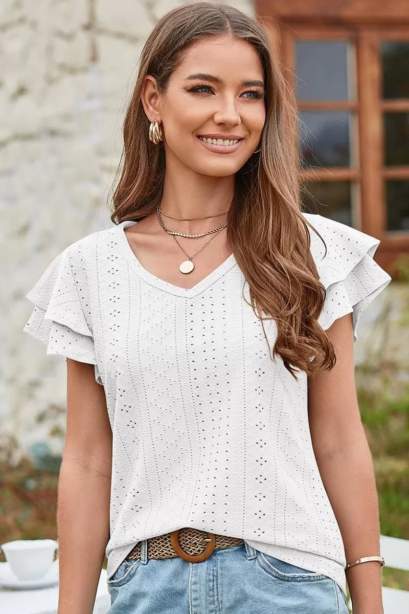 V NECK PUNCHING LACE DOUBLE SLEEVE TOP