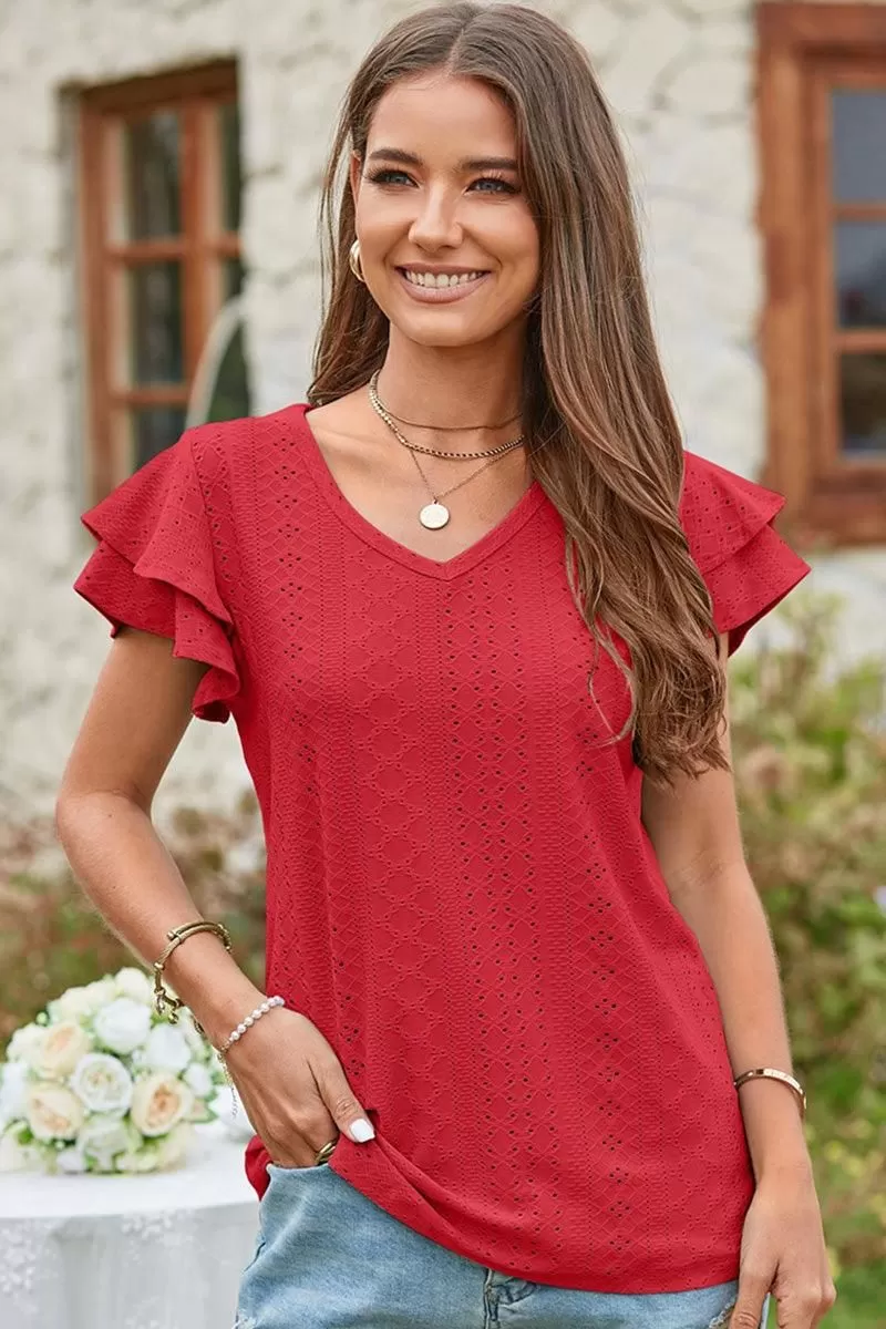 V NECK PUNCHING LACE DOUBLE SLEEVE TOP