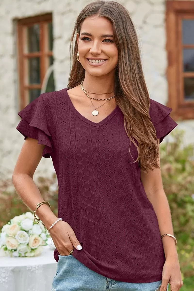 V NECK PUNCHING LACE DOUBLE SLEEVE TOP