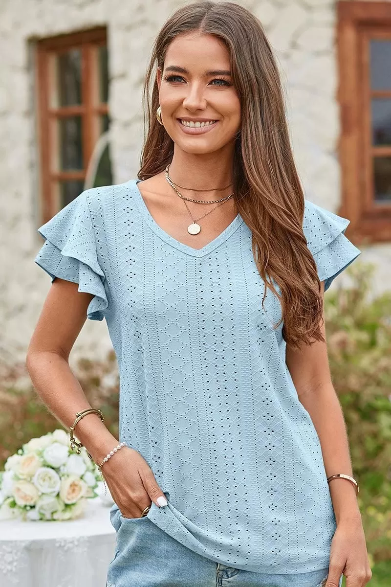 V NECK PUNCHING LACE DOUBLE SLEEVE TOP