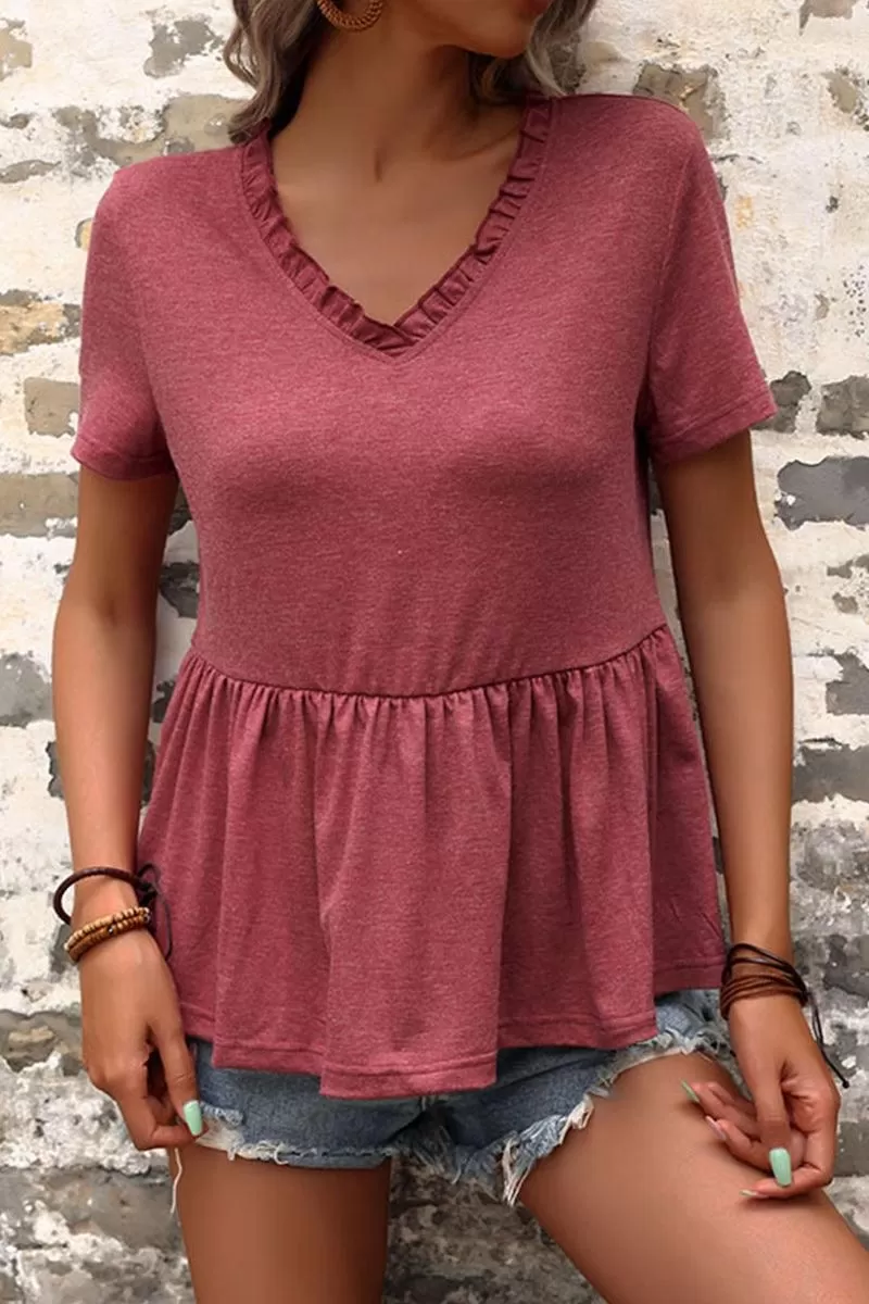 V NECK RUFFLED HEM SOLID TUNIC TOP