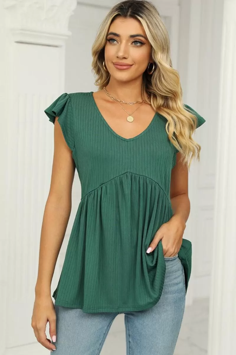 V NECK RUFFLED SHORT SLEEVE FLARE TUNIC TOP