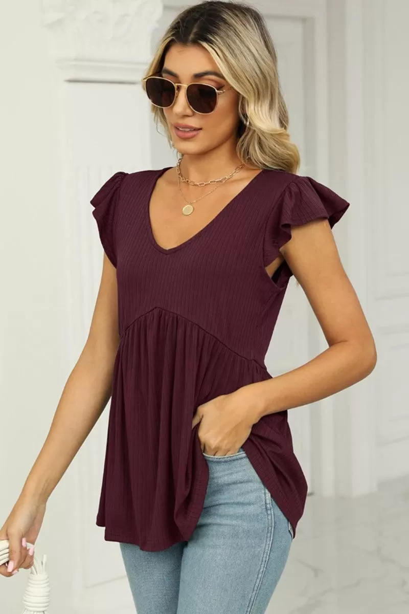 V NECK RUFFLED SHORT SLEEVE FLARE TUNIC TOP