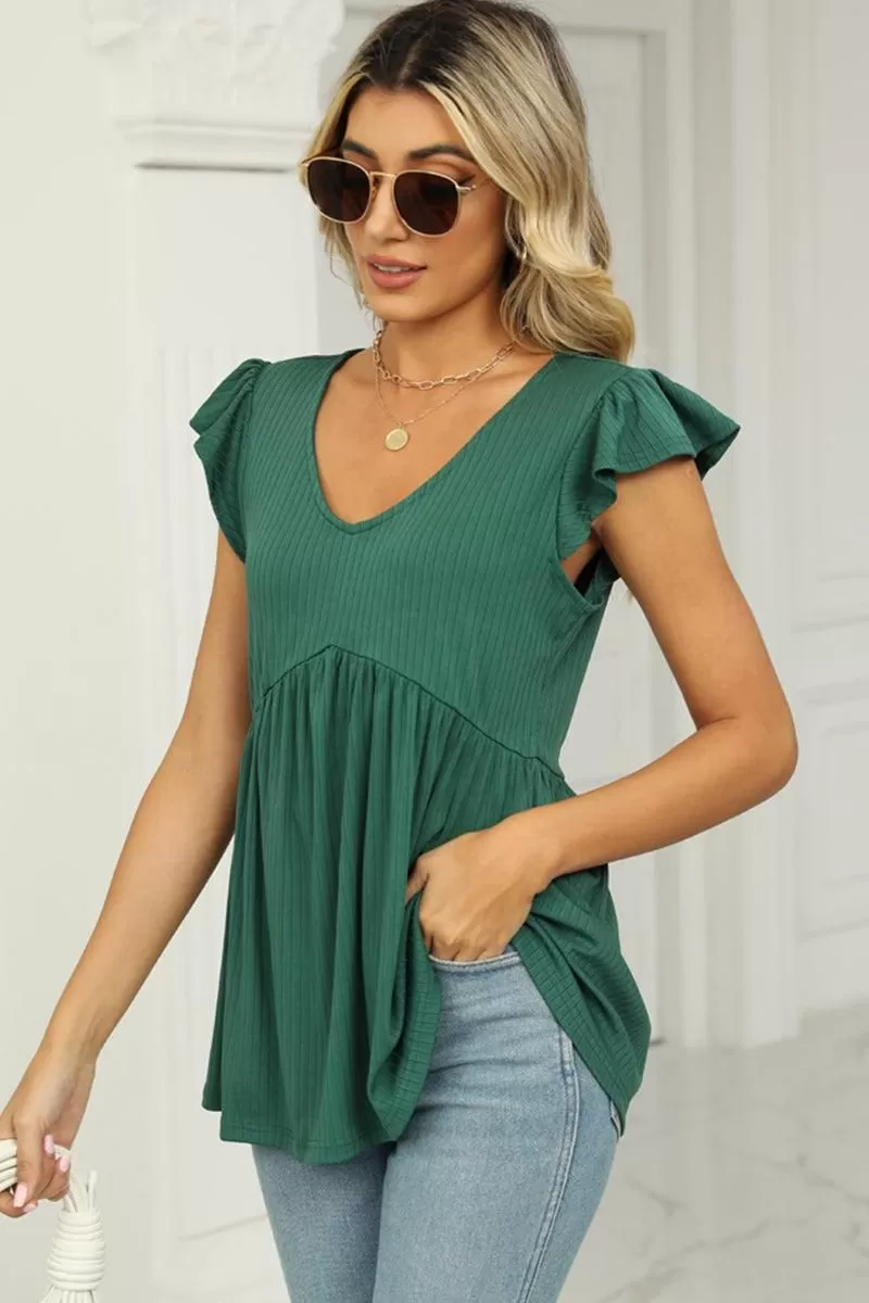 V NECK RUFFLED SHORT SLEEVE FLARE TUNIC TOP