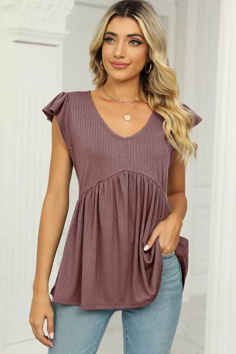 V NECK RUFFLED SHORT SLEEVE FLARE TUNIC TOP