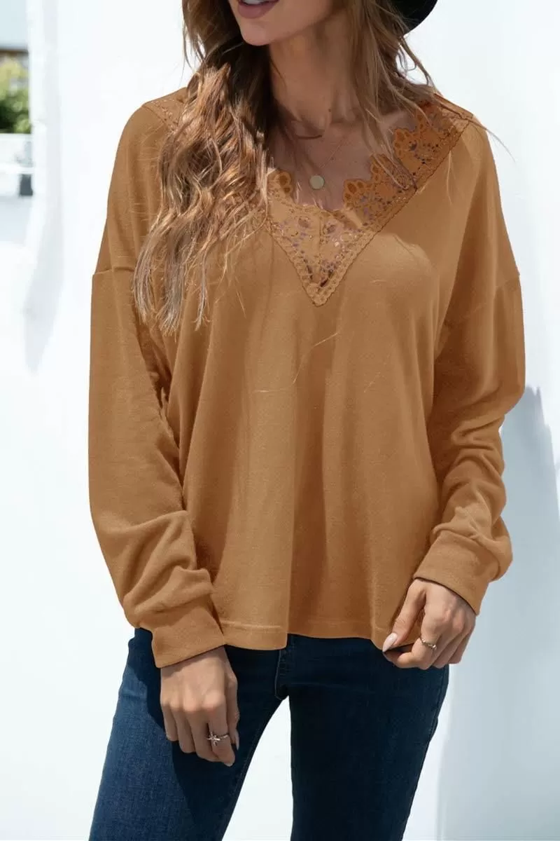 V NECK STITCHING SOLID COLOR LONG SLEEVE TOP