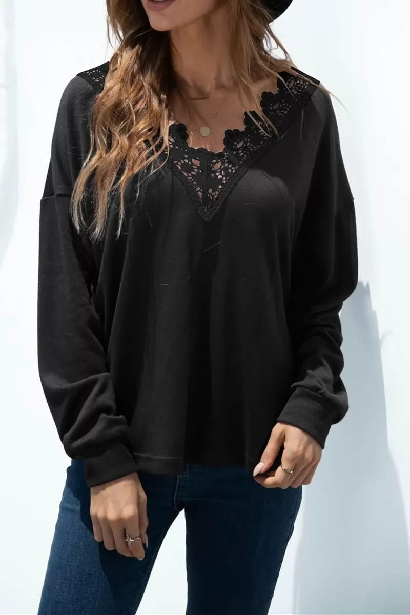 V NECK STITCHING SOLID COLOR LONG SLEEVE TOP