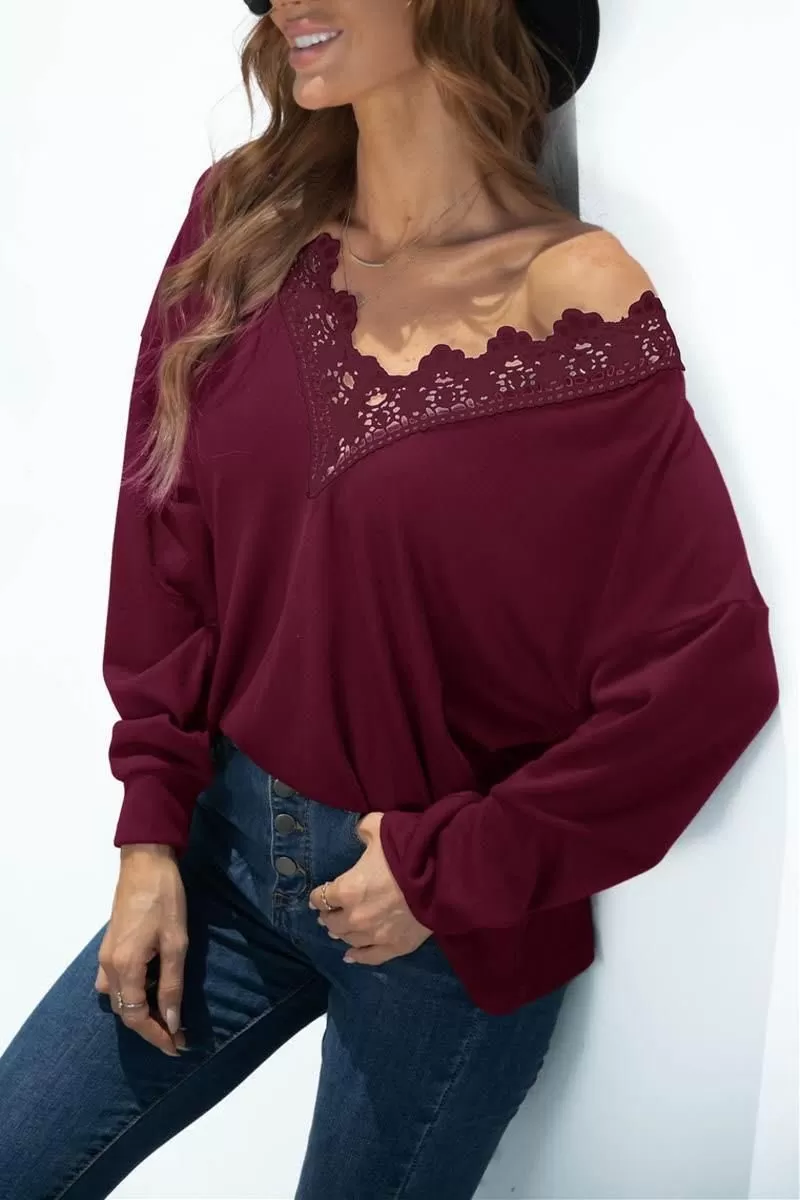 V NECK STITCHING SOLID COLOR LONG SLEEVE TOP