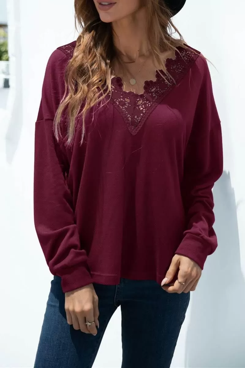 V NECK STITCHING SOLID COLOR LONG SLEEVE TOP