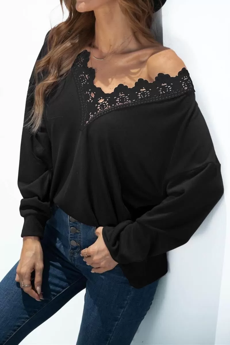 V NECK STITCHING SOLID COLOR LONG SLEEVE TOP