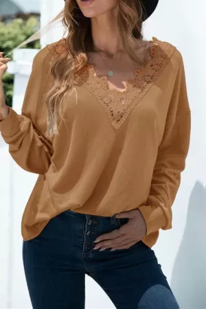 V NECK STITCHING SOLID COLOR LONG SLEEVE TOP