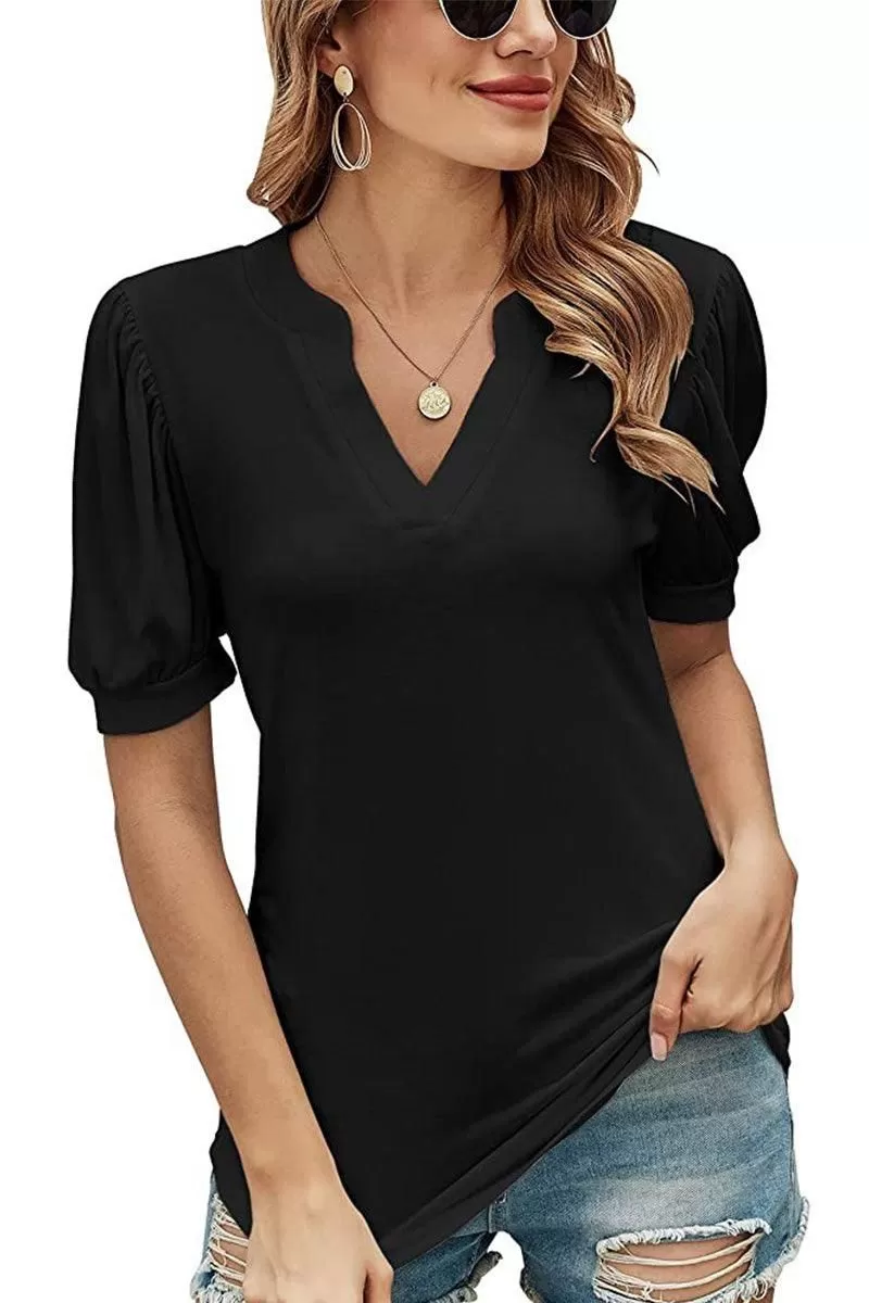 V NECK WRINKLED PUFF SLEEVE LOOSE TOP