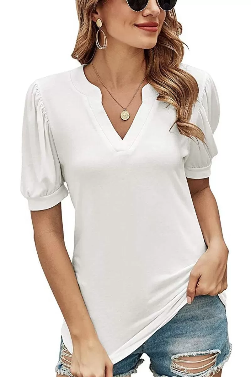 V NECK WRINKLED PUFF SLEEVE LOOSE TOP