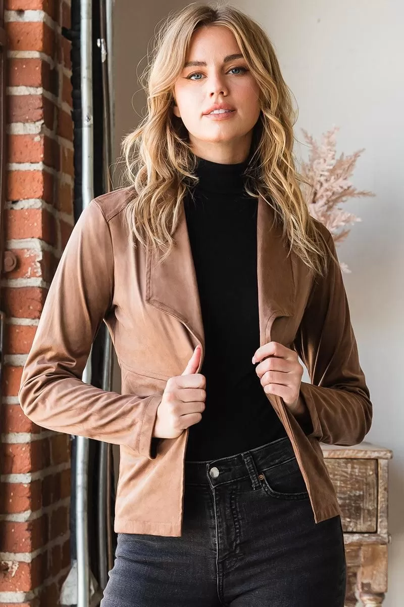 WATERFALL FAUX SUEDE OVER HIP LENGTH JACKET