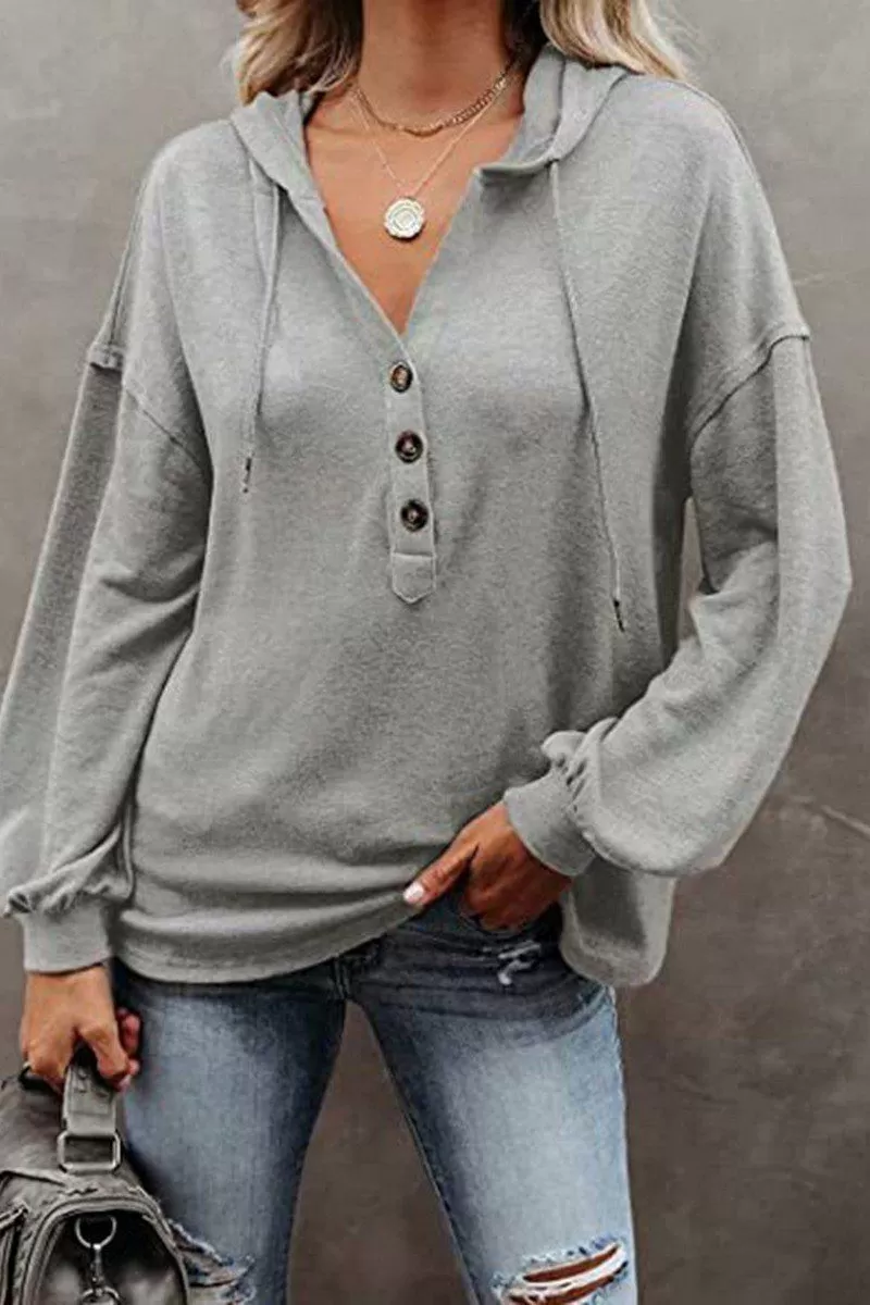 WOMEN BUTTON NECK OVERSIZED HOODIE PULLOVER