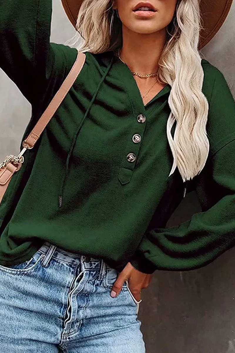 WOMEN BUTTON NECK OVERSIZED HOODIE PULLOVER