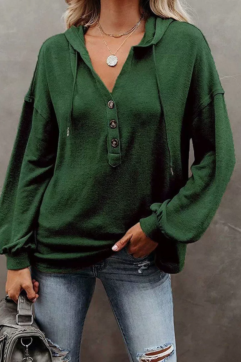 WOMEN BUTTON NECK OVERSIZED HOODIE PULLOVER