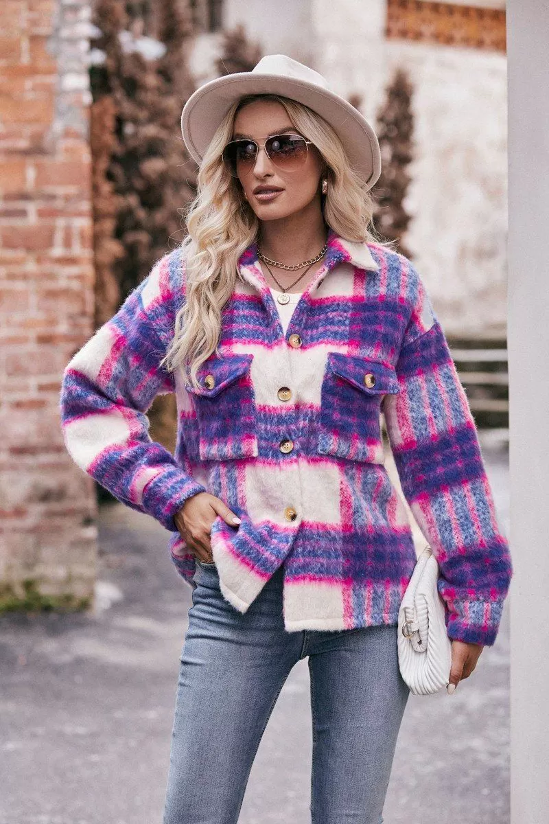 WOMEN BUTTON PLAID JACKET WITH POCKETS