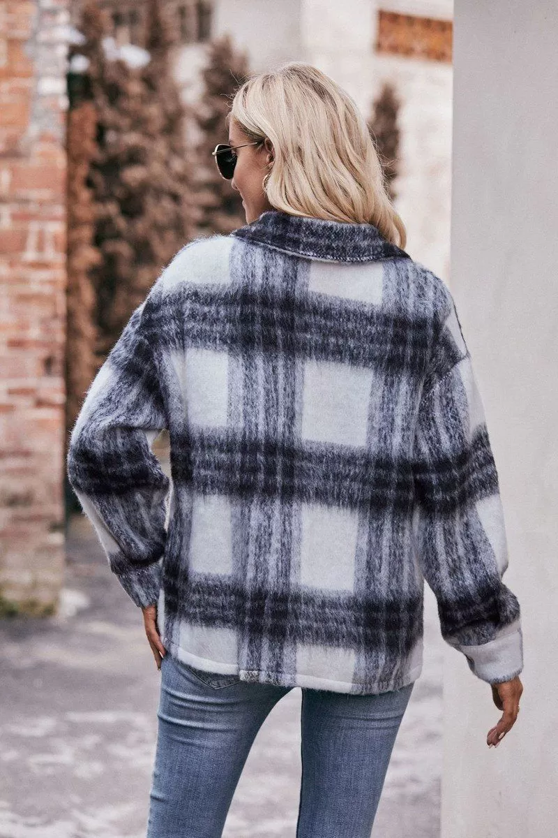 WOMEN BUTTON PLAID JACKET WITH POCKETS