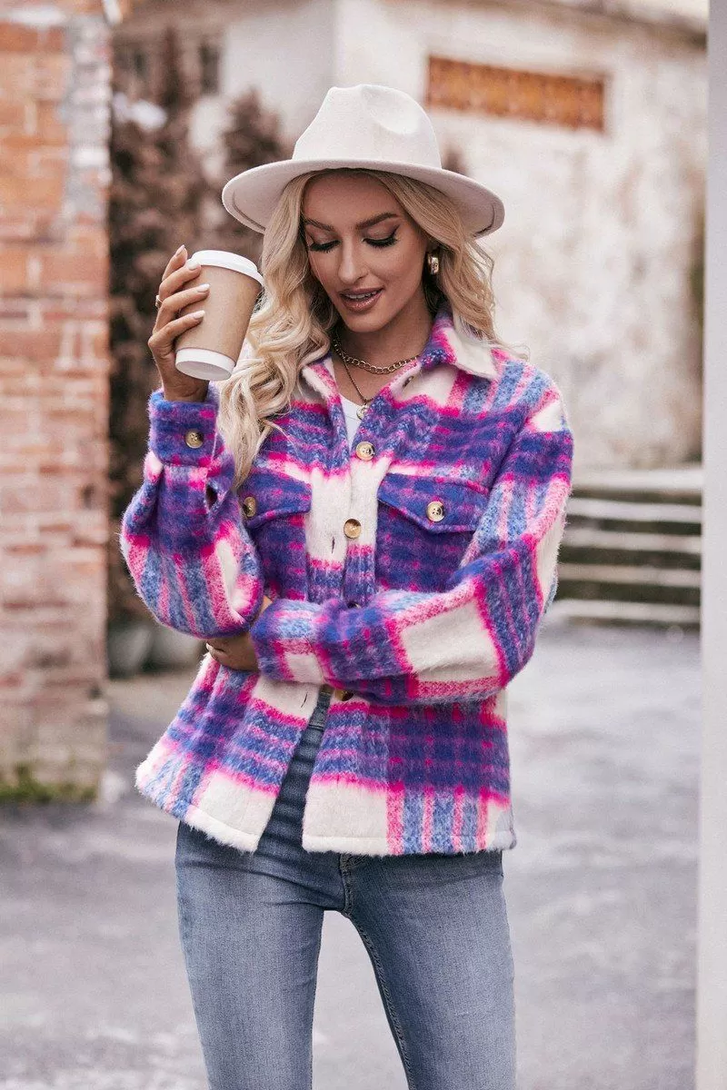 WOMEN BUTTON PLAID JACKET WITH POCKETS