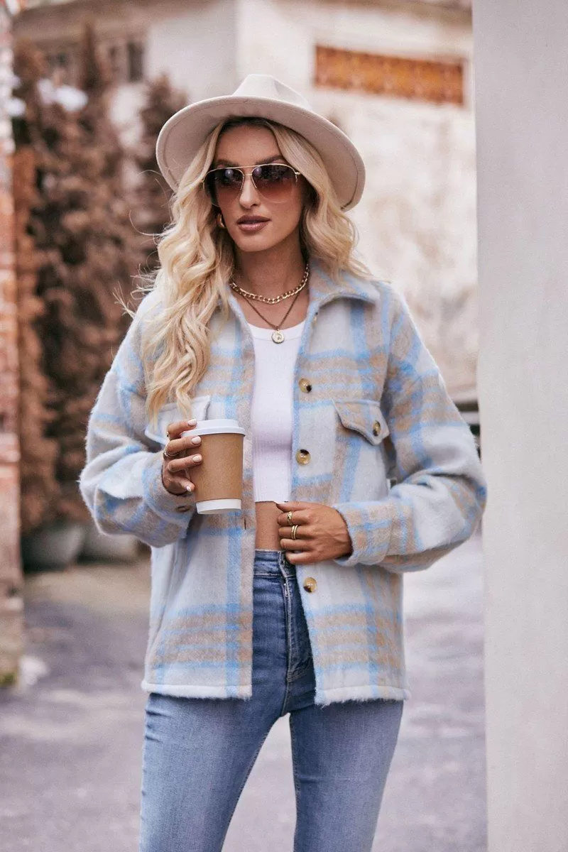 WOMEN BUTTON PLAID JACKET WITH POCKETS