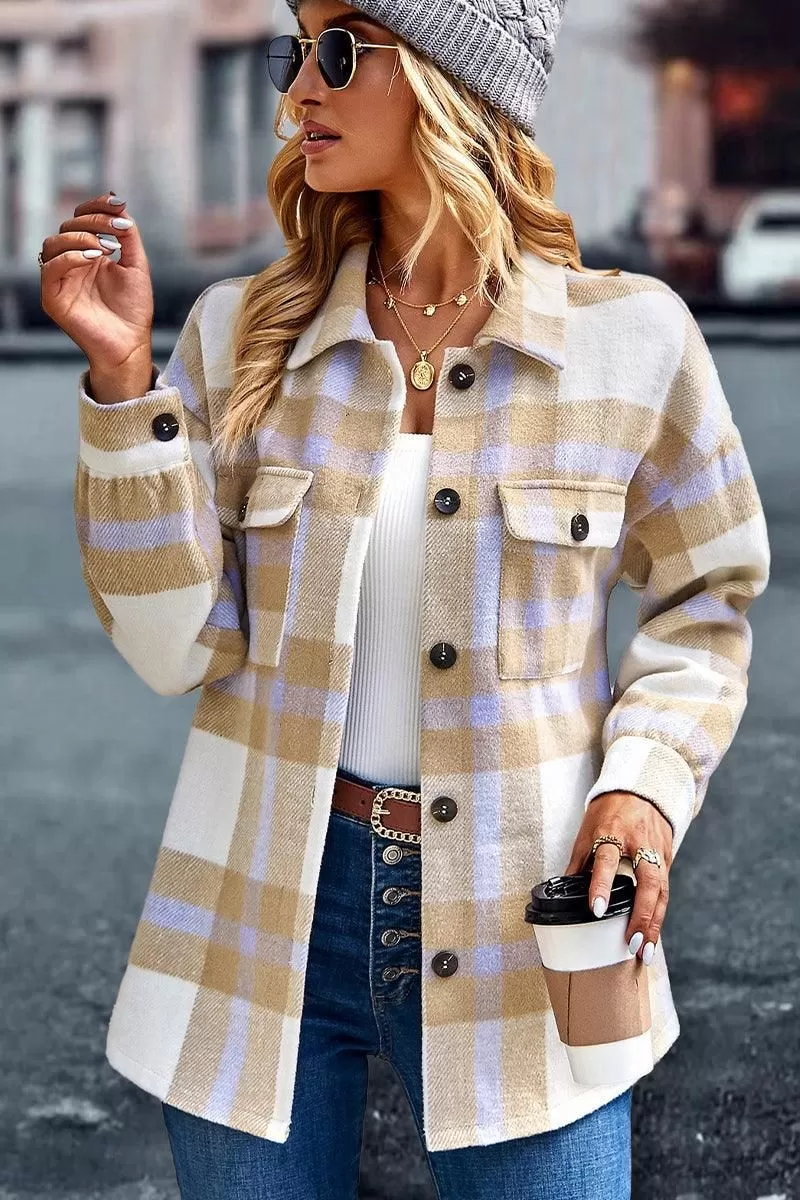 WOMEN BUTTON UP PLAID SHACKET WITH POCKETS