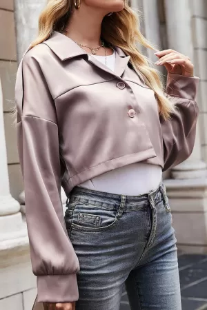 WOMEN BUTTON UP SHORT LAPEL CROP JACKET