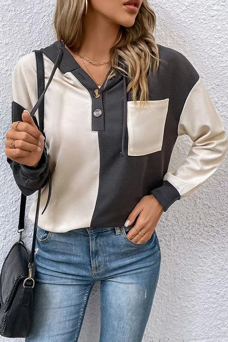 WOMEN BUTTONED V NECK COLOR BLOCK HOODIE