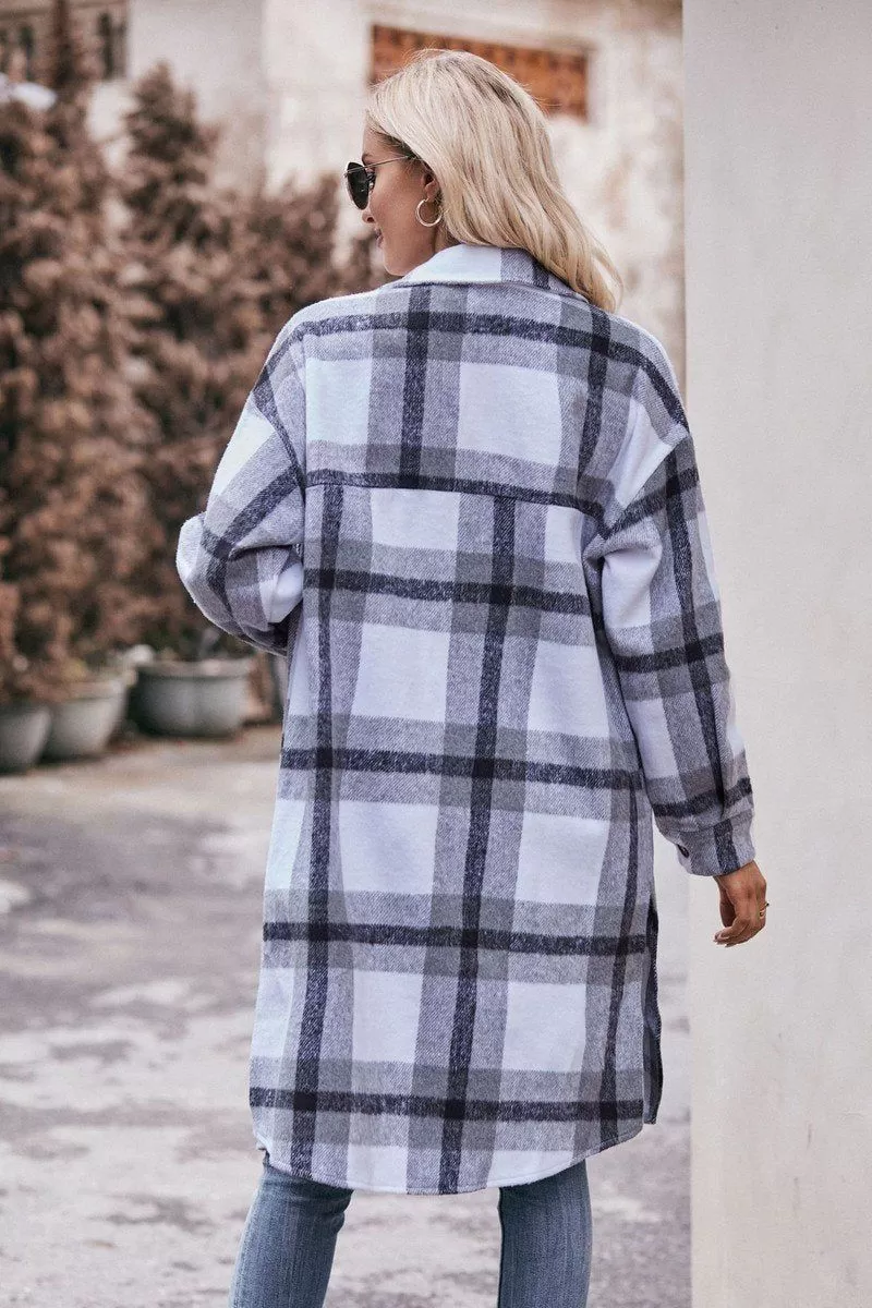 WOMEN CASUAL FLANNEL PLAID LONG BUTTON UP COAT