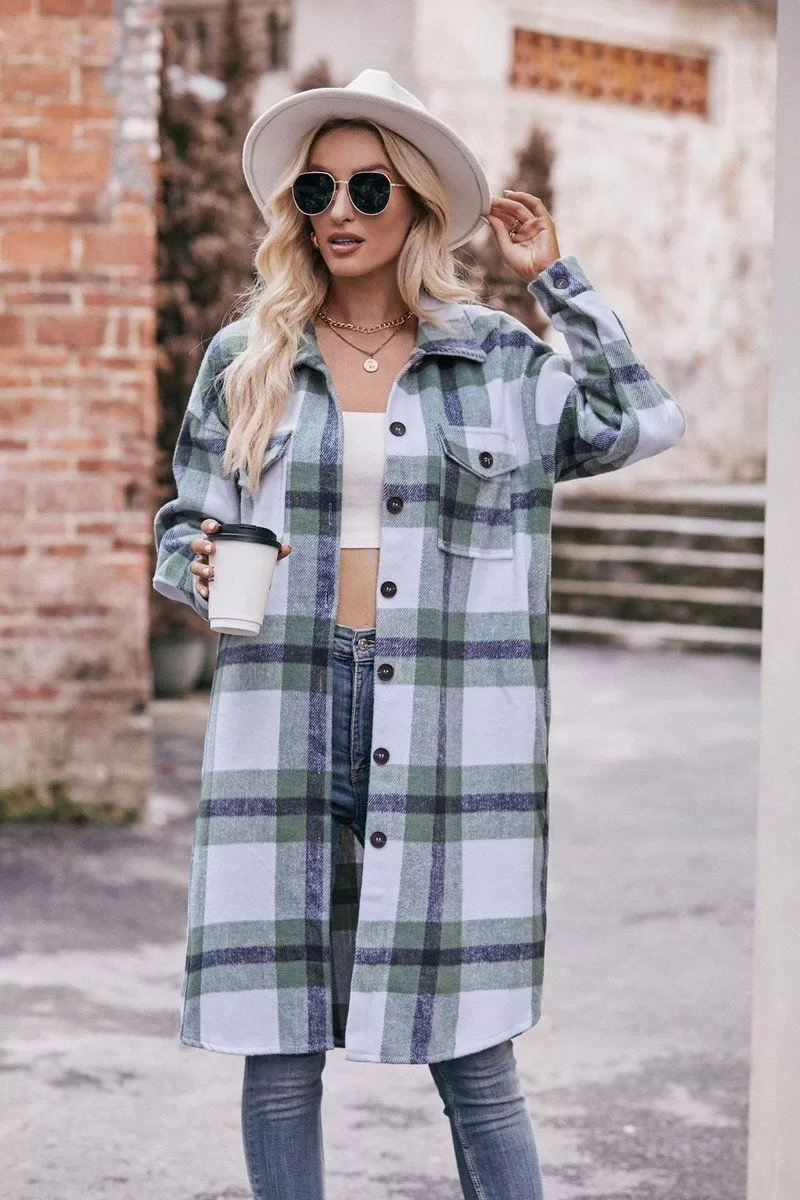 WOMEN CASUAL FLANNEL PLAID LONG BUTTON UP COAT