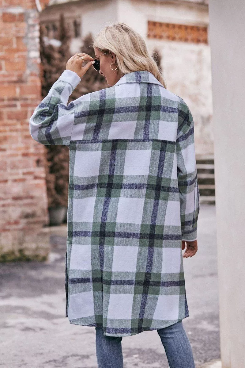 WOMEN CASUAL FLANNEL PLAID LONG BUTTON UP COAT