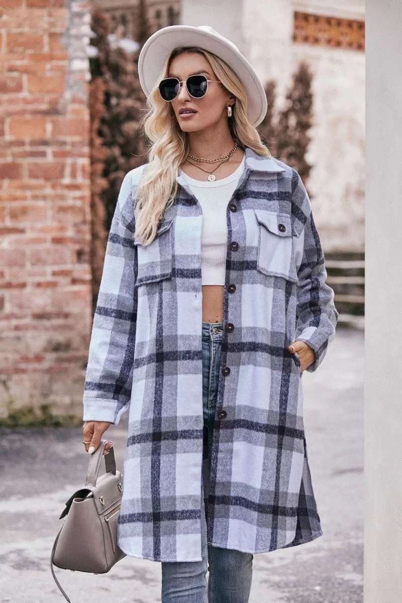 WOMEN CASUAL FLANNEL PLAID LONG BUTTON UP COAT